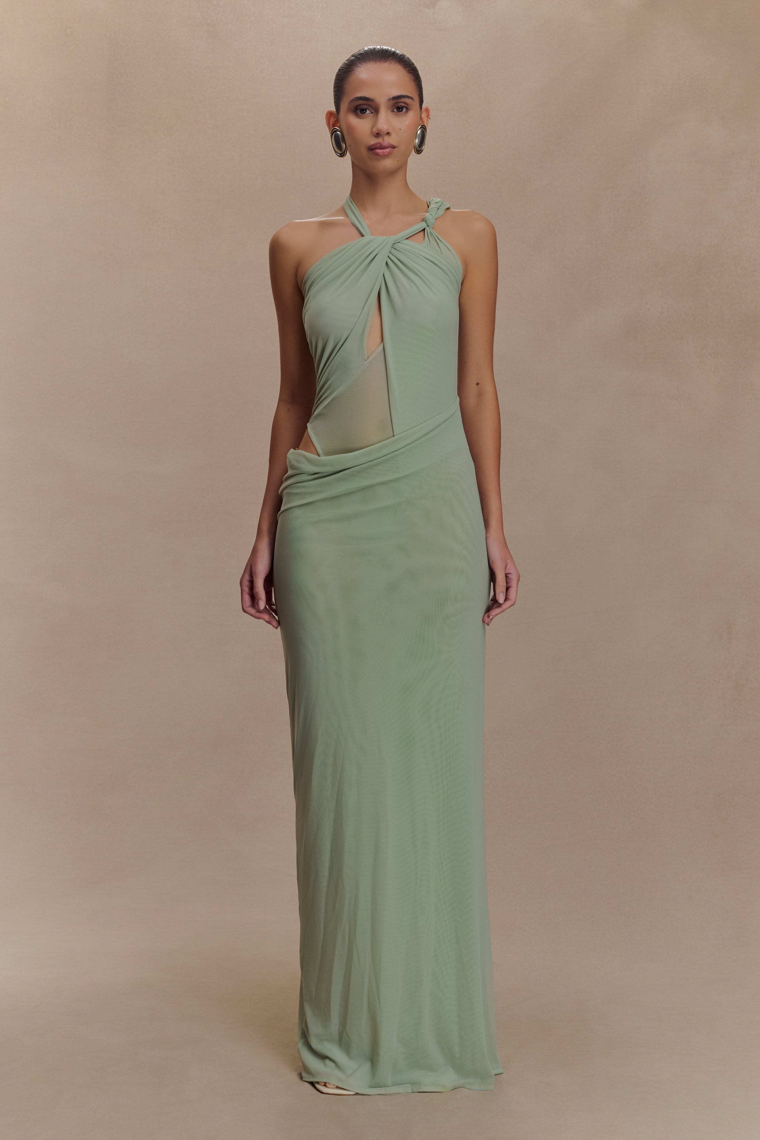 Edwina Knotted Mesh Maxi Dress - Sage、mySite、solidvoid