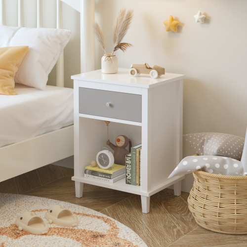26.77''H Wooden Nightstand with One Drawer One Shelf for Kids, Adults, White+Golden handle、、casual