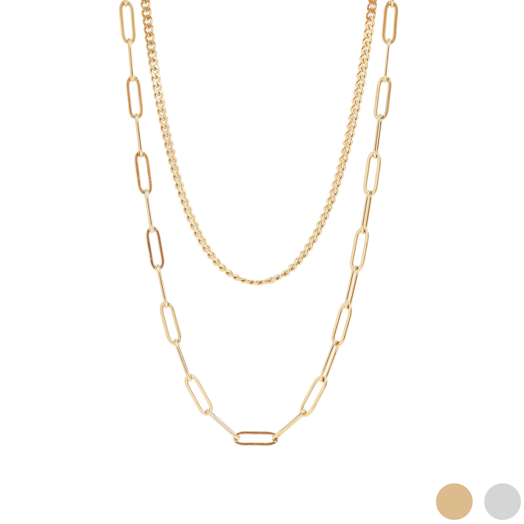 18K Gold PVD Stainless Steel Curb and Paperclip Layered Chain Necklace / CHN0013、mySite、dreamappss