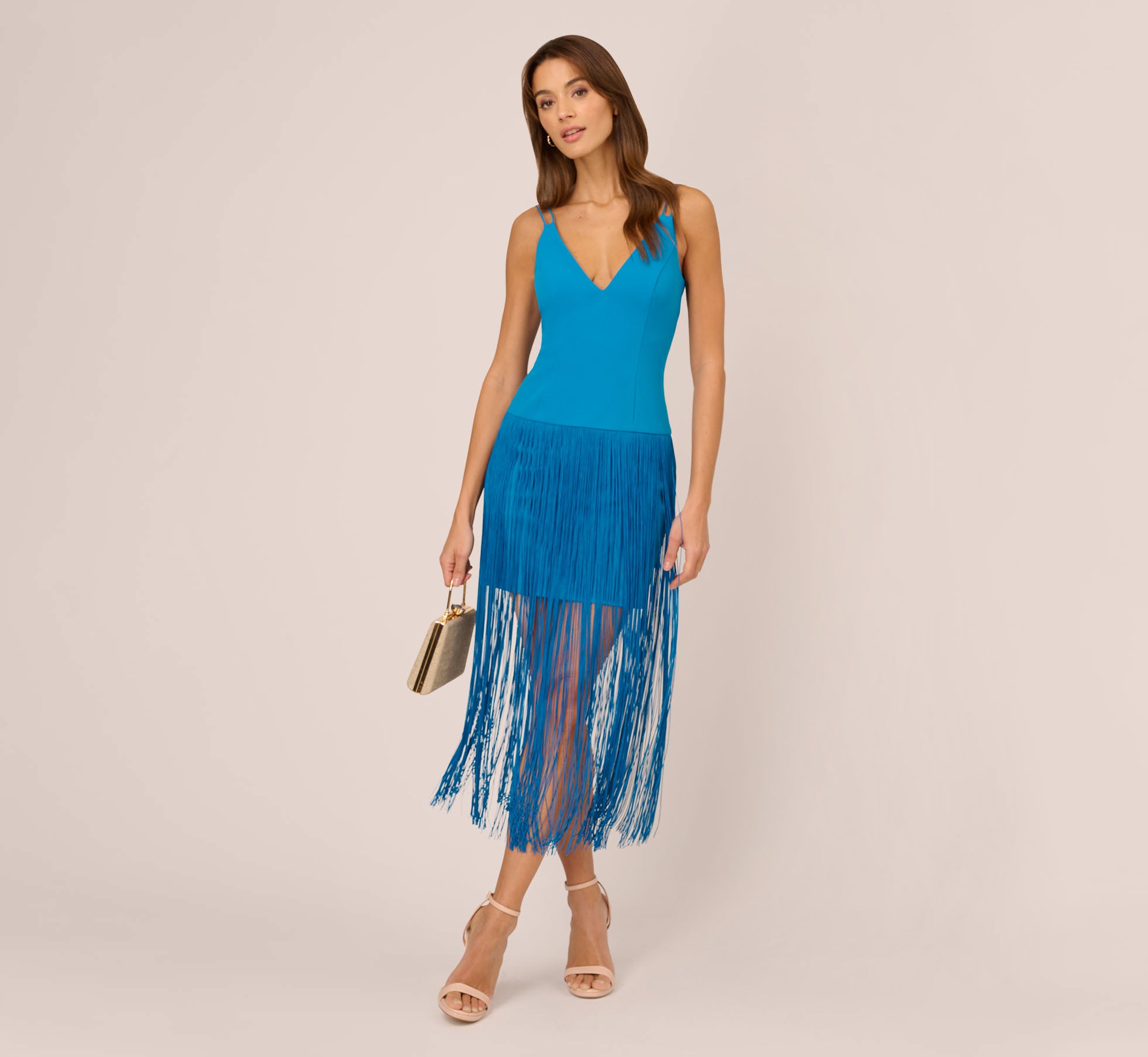 Crepe Fringe Dress With Double Spaghetti Straps And V Back In Deep Cerulean、mySite、solidvoid