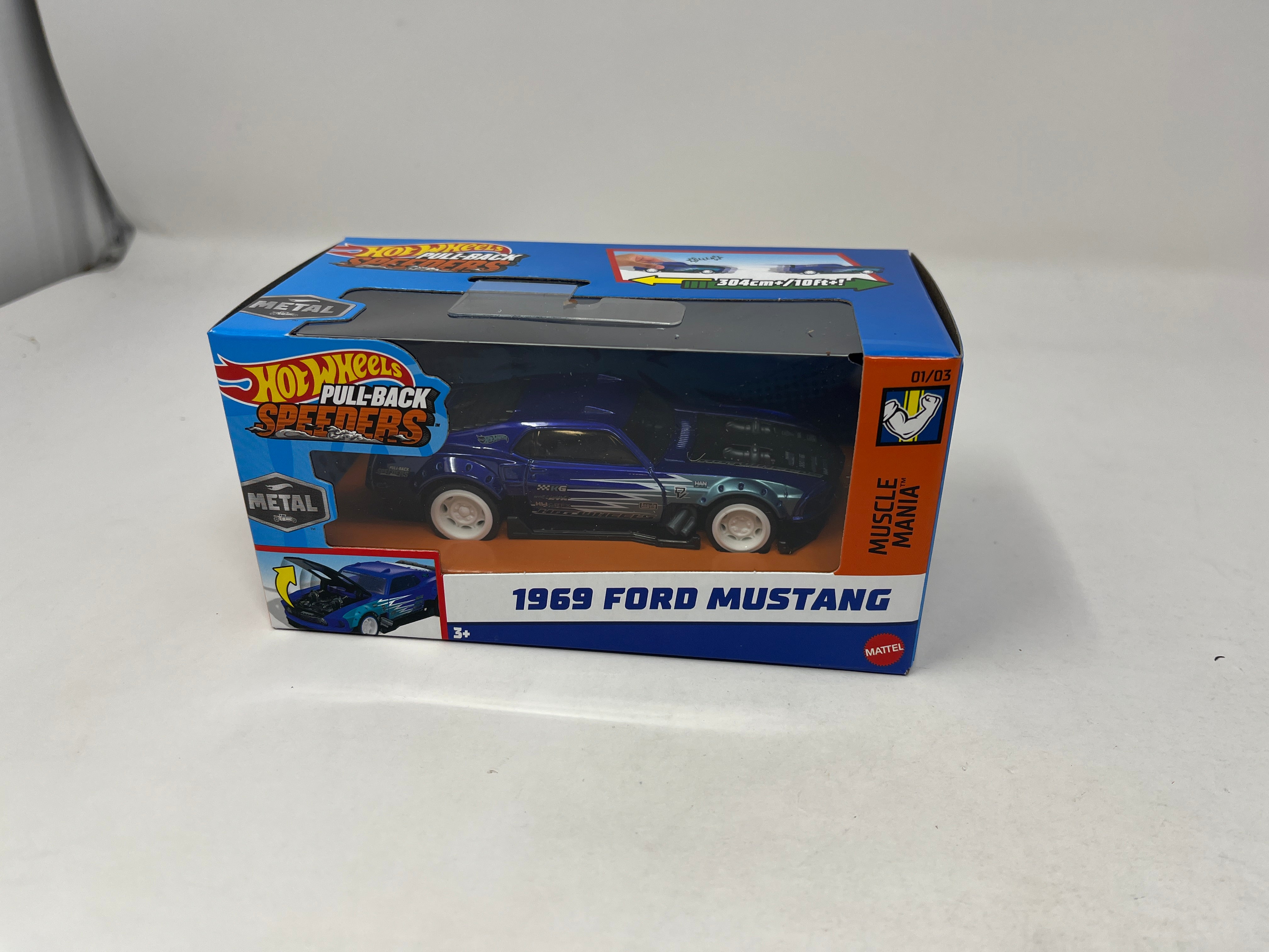 1969 Ford Mustang * BLUE * 2024 Hot Wheels Pull-Back Speeders 1:43 scale Case F、mySite、hgirdovlk