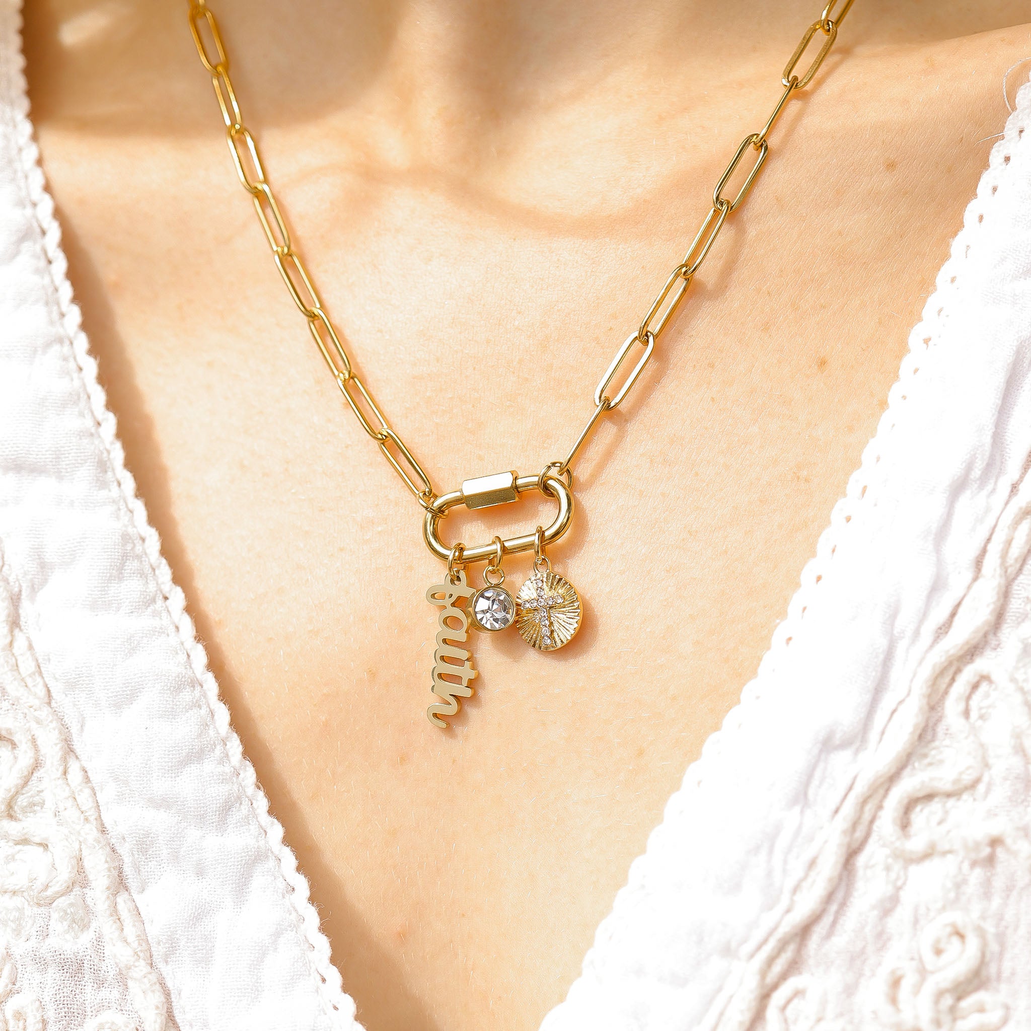 18K Gold PVD Stainless Steel Carabiner Faith Charm Paperclip Necklace / CHN0049、mySite、dreamappss