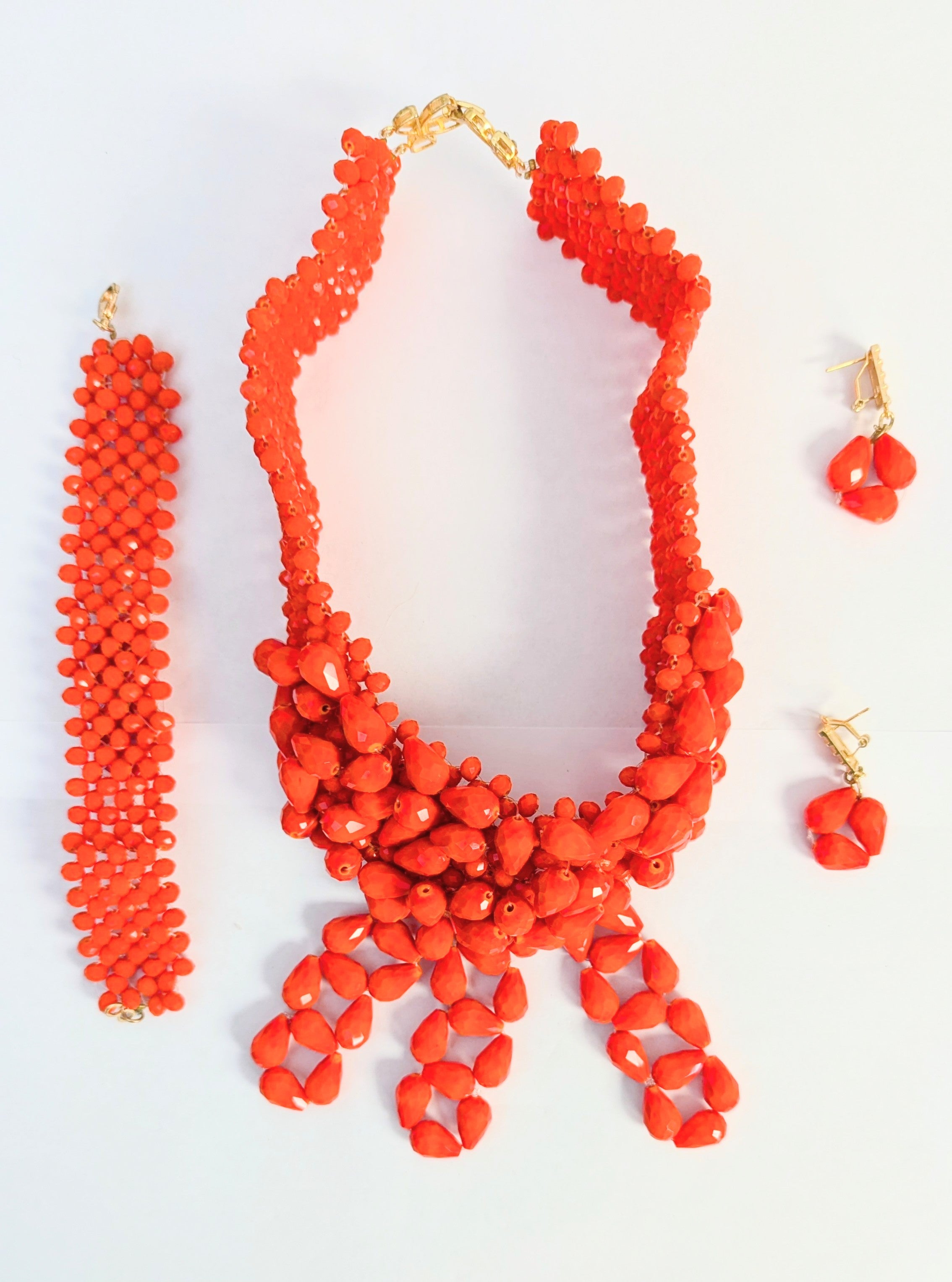 Dupsie's Ladanna Coral-Red and Gold African Necklace Bracelet Earrings Bead Set DPABSCR37、mySite、solidvoid