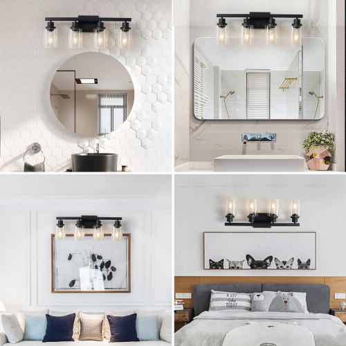 (Same as W1340P197620/L001010-B4) 24" Modern Black 4-Light Bathroom Vanity Light Fixture, Industrial Wall Sconce with Clear Glass Shades for Mirror, Bathroom, Bedroom, and Hallway (No Bulbs)、、eastwooduniform
