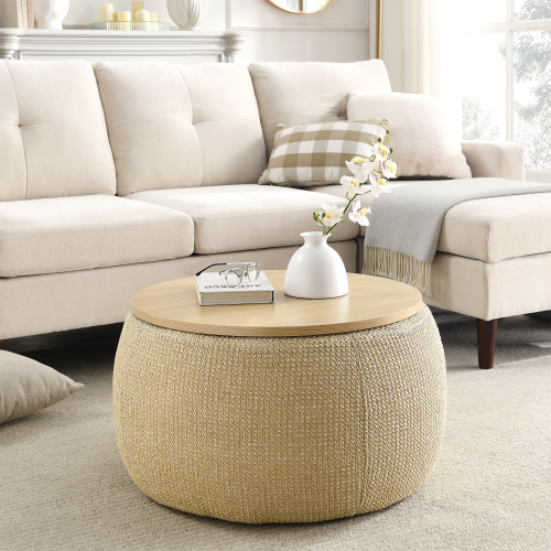 Round Storage Ottoman, 2 in 1 Function, Work as End table and Ottoman, Grey (25.5"x25.5"x14.5")、、casual