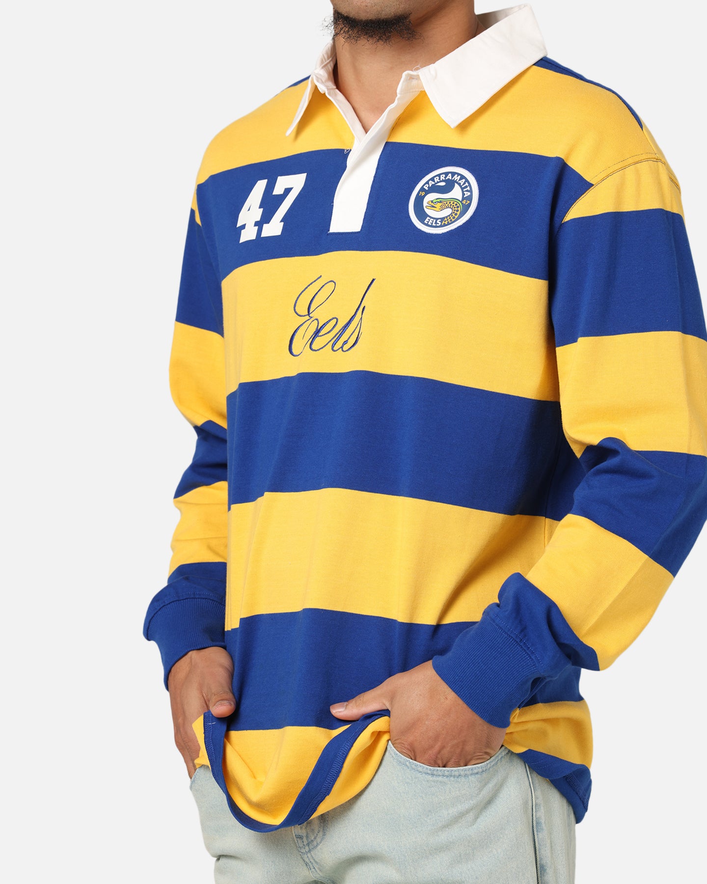 Bleacher Athletic Parramatta Eels NRL Stripe Rugby Polo Shirt Official Team Colour、mySite、zt4zffjzw