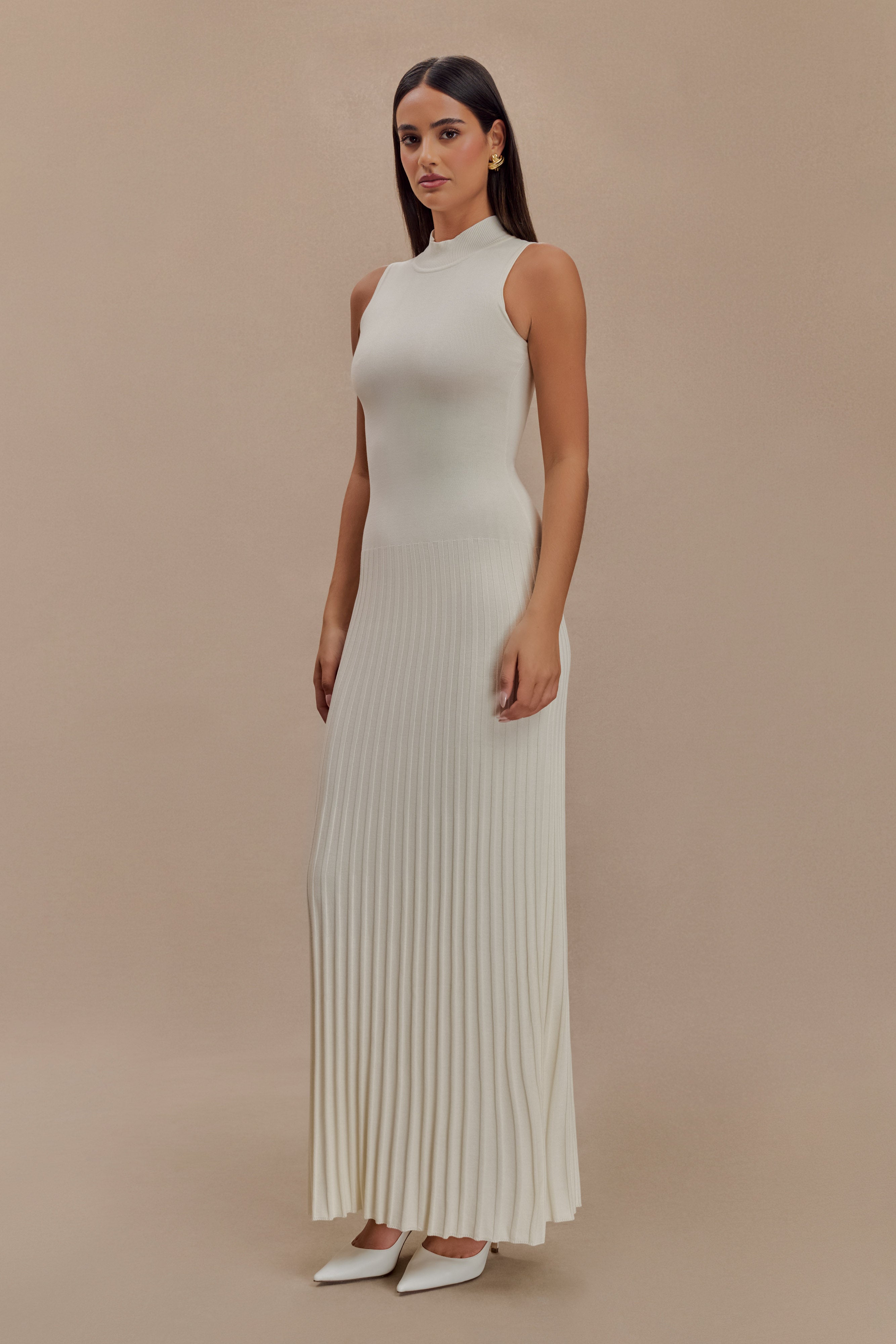 Mavis High Neck Pleated Maxi Dress - Ivory、mySite、solidvoid