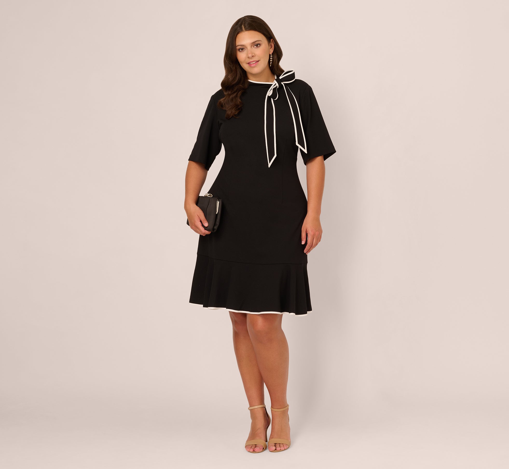 Plus Size Mock Neck Dress With Contrasting Bowtie In Black Ivory、mySite、solidvoid
