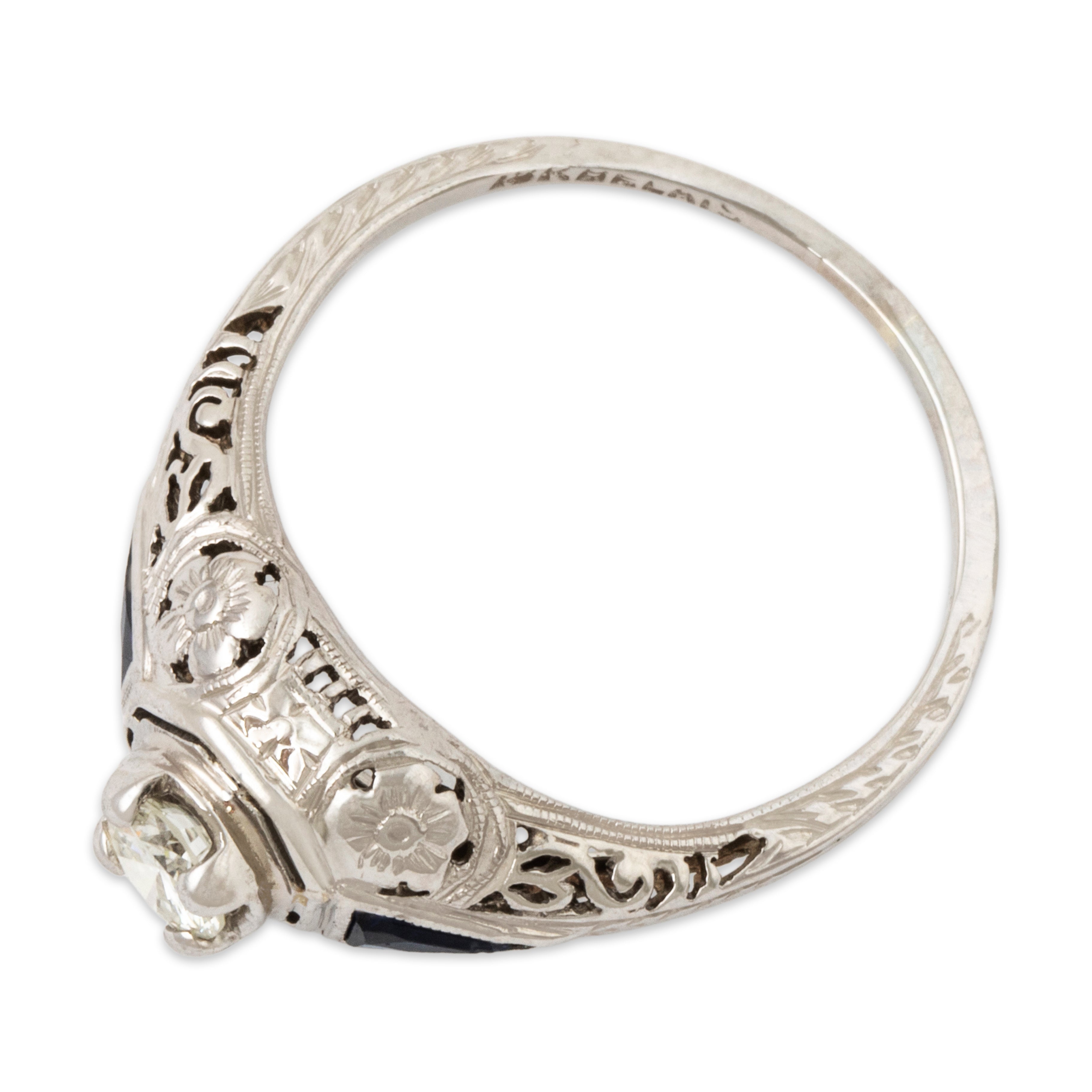 Antique Belais 18k White Gold Natural Diamond Blue Synthetic Sapphire Ring、mySite、hinf8tx79