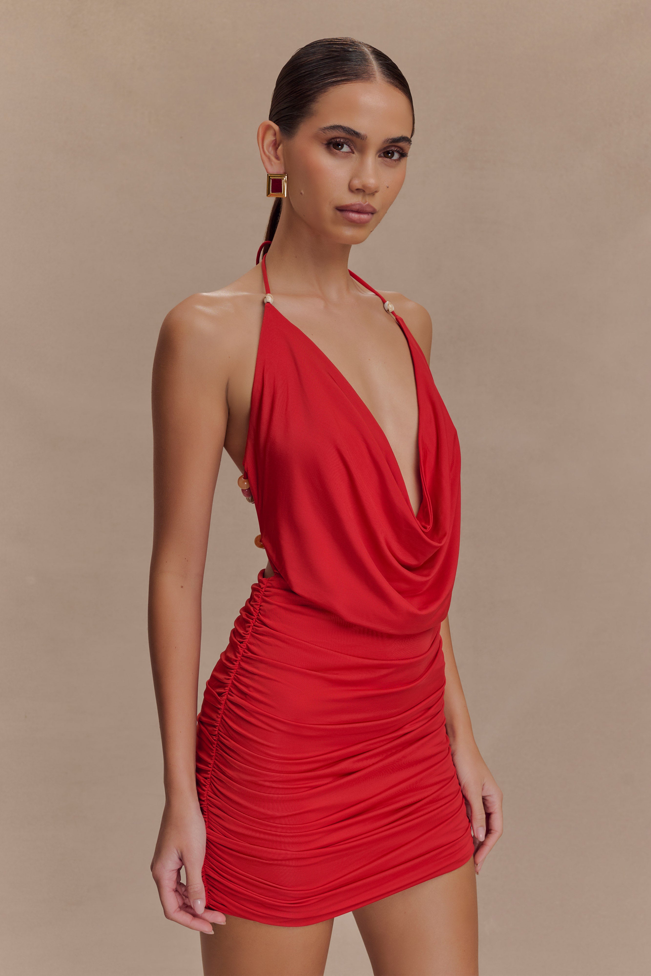 Astraeus Beaded Cowl Mini Dress - Desert Red、mySite、solidvoid