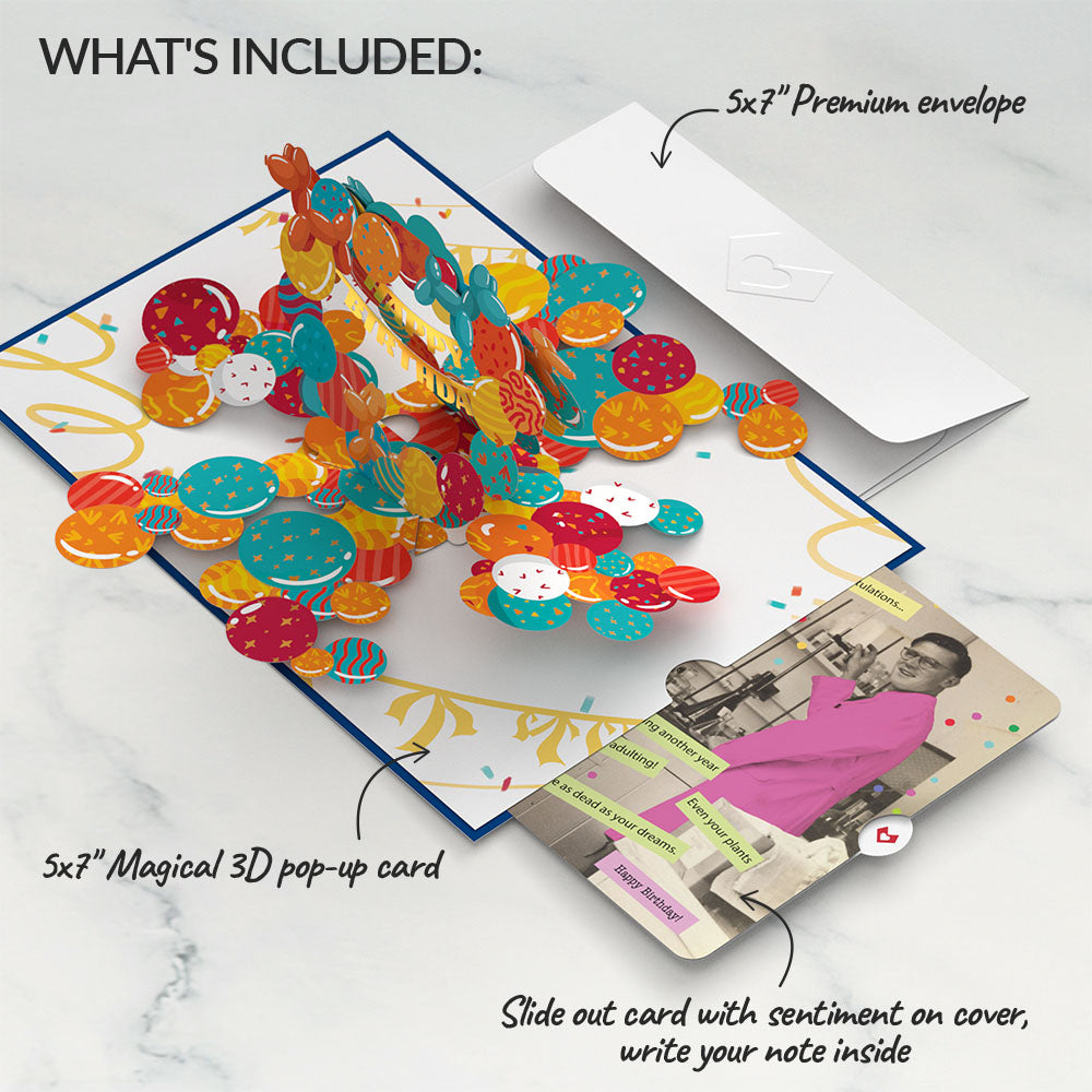 Happy Birthday Banner and Balloons Pop-Up Card and Survive Another Year of Adulting Sentiment Set、mySite、solidvoid