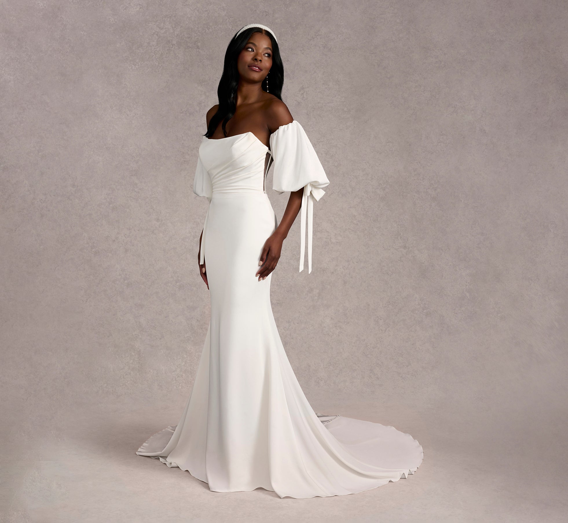 Strapeless Stretch Charmeuse Gown With Detachable Sleeves In Ivory/Ivory In Ivory Ivory、mySite、solidvoid