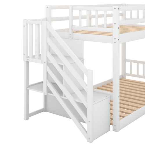 Twin over Twin Floor Bunk Bed, Ladder with Storage, Gray、、casual