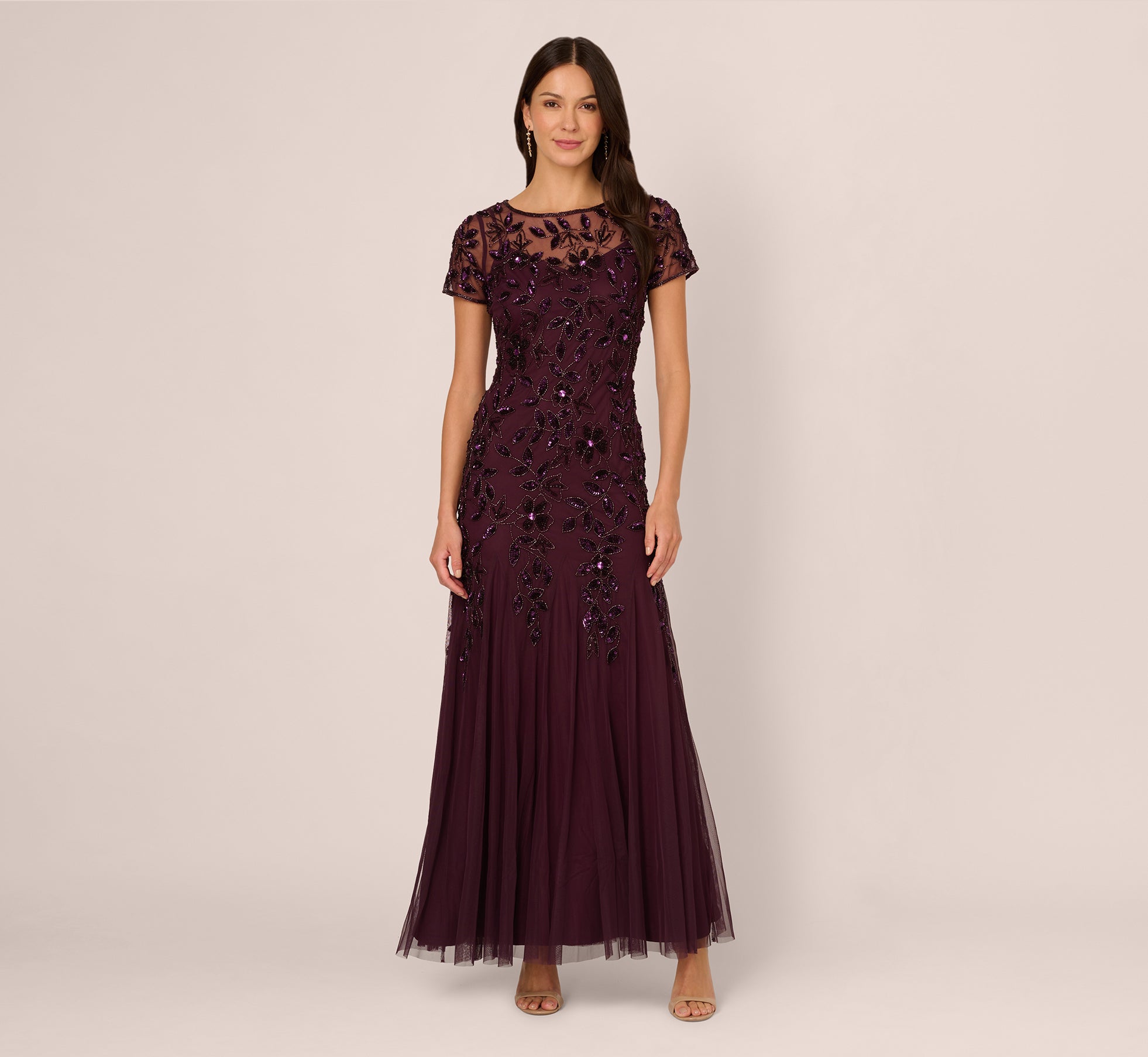 Hand Beaded Short Sleeve Floral Godet Gown In Night Plum、mySite、solidvoid