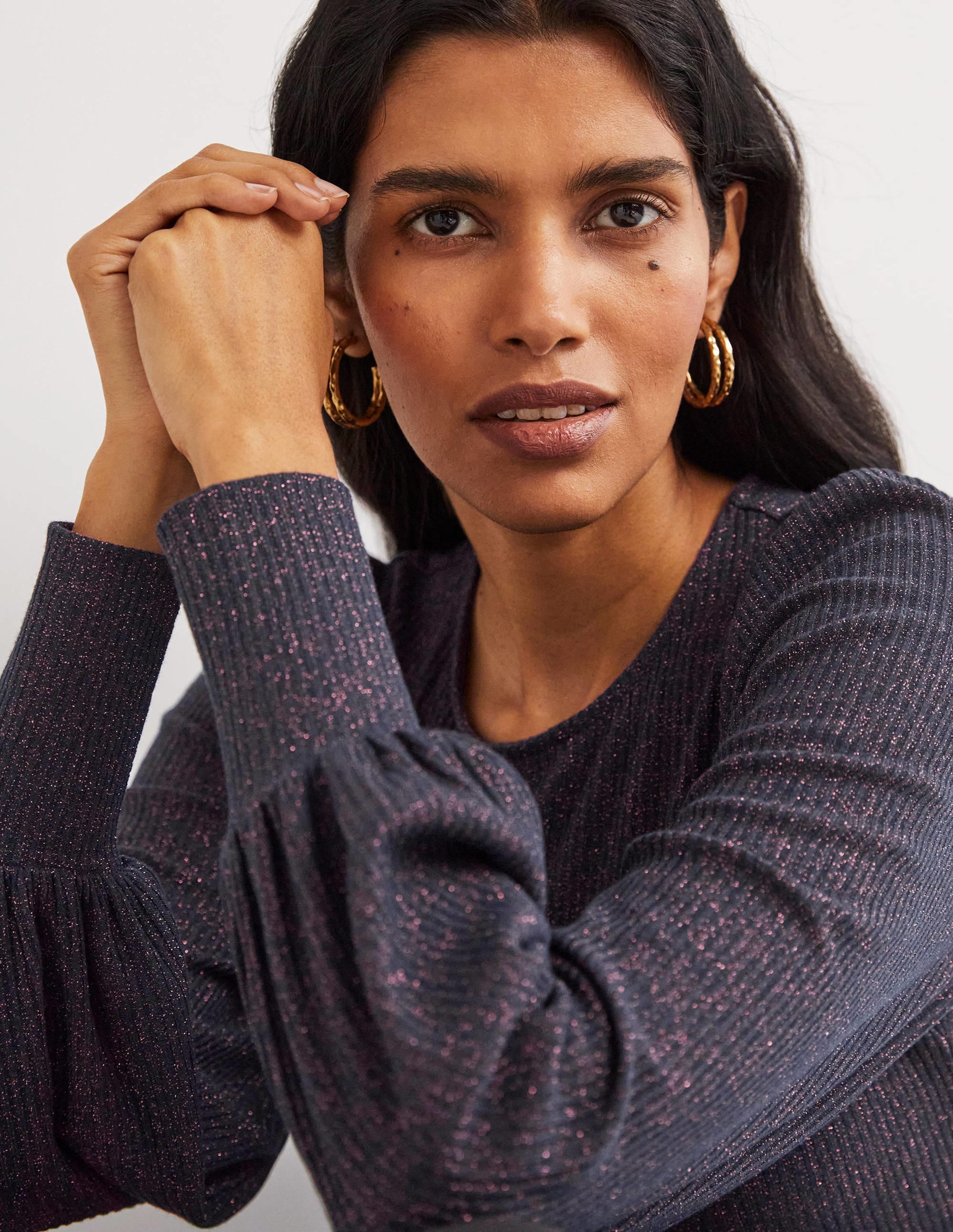  Metallic Blouson Sleeve Top-Navy/Copper Sparkle、mySite、ashleygrahame