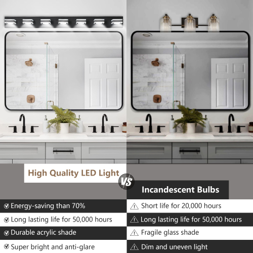 (Same as W1340103890/L2007) 39" Modern Chrome 6-Light LED Vanity Light, Square Acrylic Lampshades Wall Mount Fixture for Bathroom, Mirror Lighting、、eastwooduniform