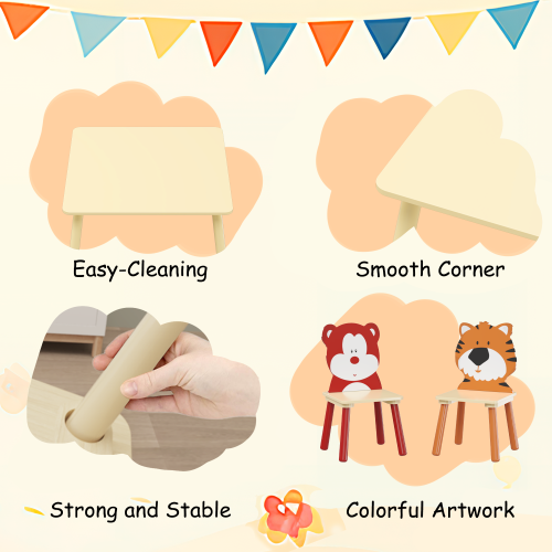 Kids Table and 2 Chairs Set, 3 Pieces Toddler Table and Chair Set, Wooden Activity Play Table Set (Lion&Monkey)、、casual