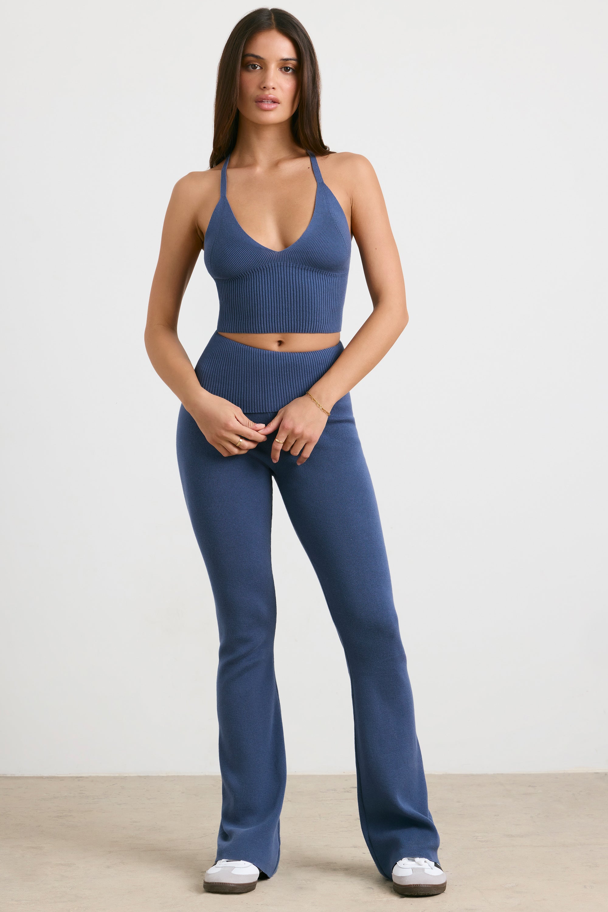 Petite Chunky Knit Kick Flare Trousers in Washed Navy、mySite、solidvoid