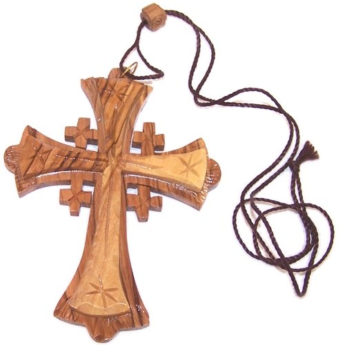  Large Grade A olive wood Jerusalem Cross necklace (4 inches - Cord can be adjusted)、mySite、elrpsem3k