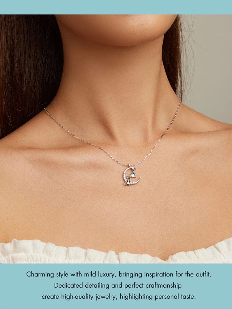 Cat in Moon Reaching for Star Necklace 925 Sterling Silver 18 adj. Chain、mySite、g9winljtr