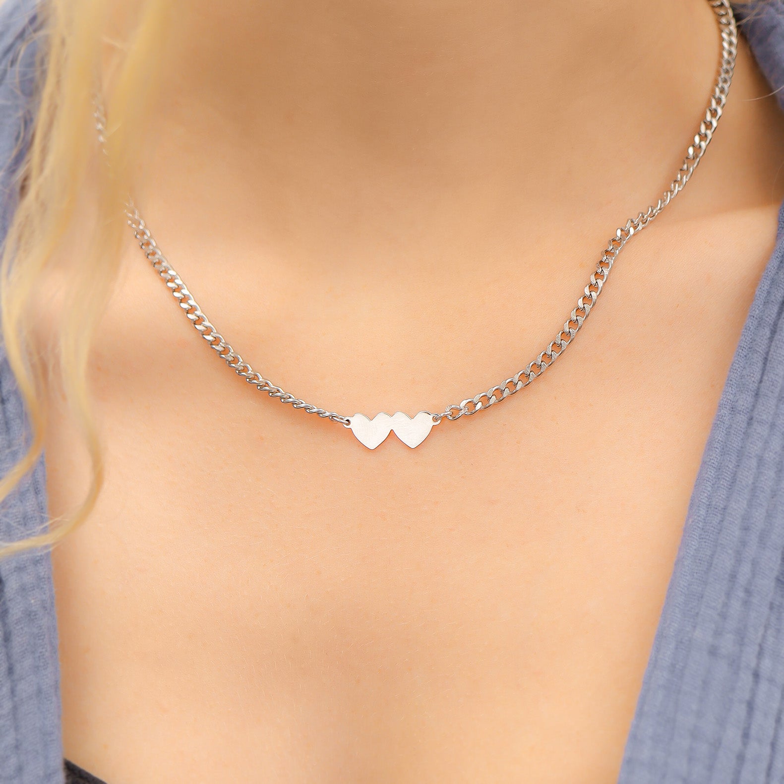 18K Gold PVD Stainless Steel Engravable 2 Hearts on Curb Chain Necklace / SBB0364、mySite、dreamappss