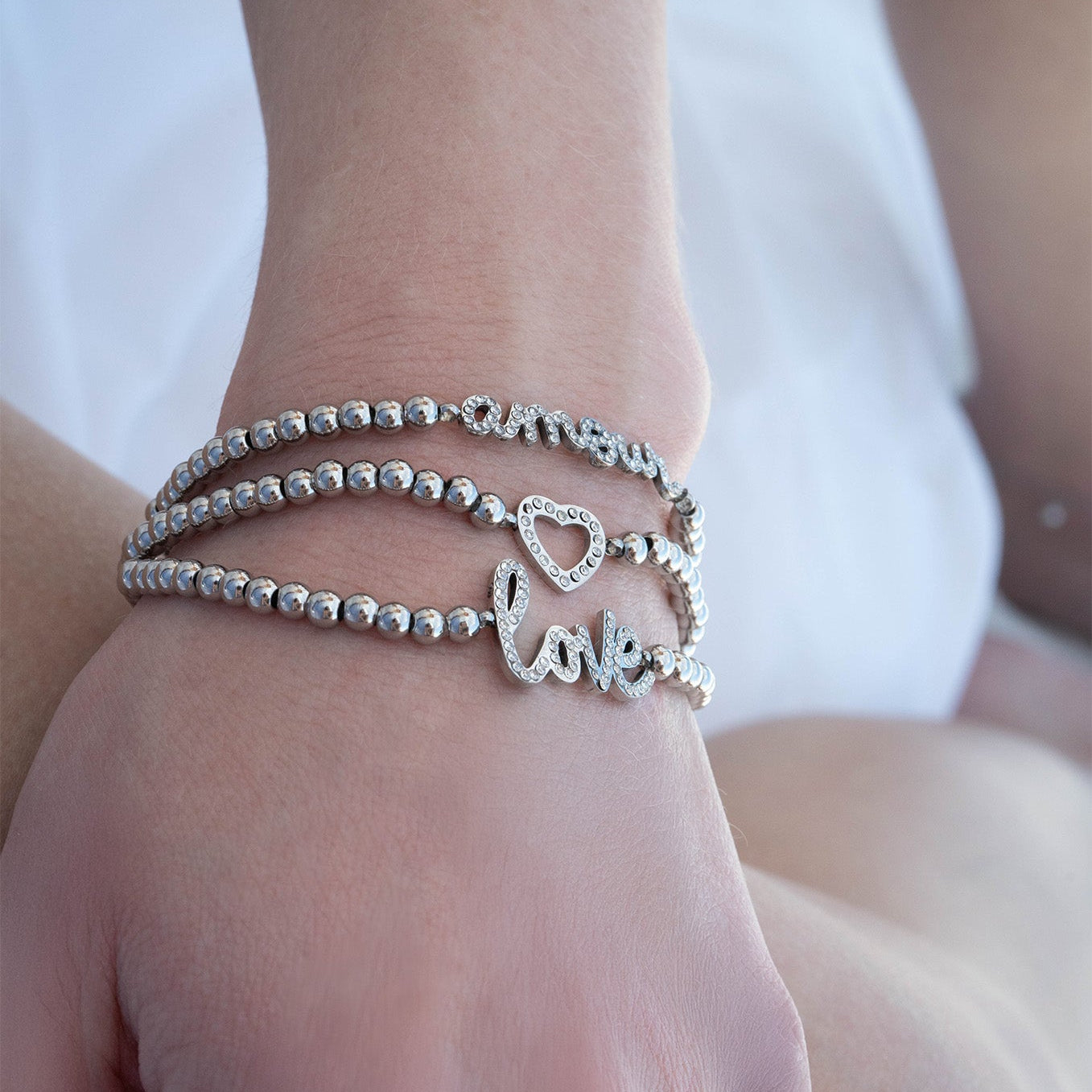 18K Gold PVD Stainless Steel Stone Love Metal Beaded Stretch Bracelet / BRJ1014、mySite、dreamappss