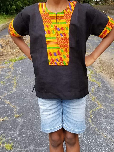 Black Dashiki Shirt with Kente Trim-DPC3256、mySite、solidvoid