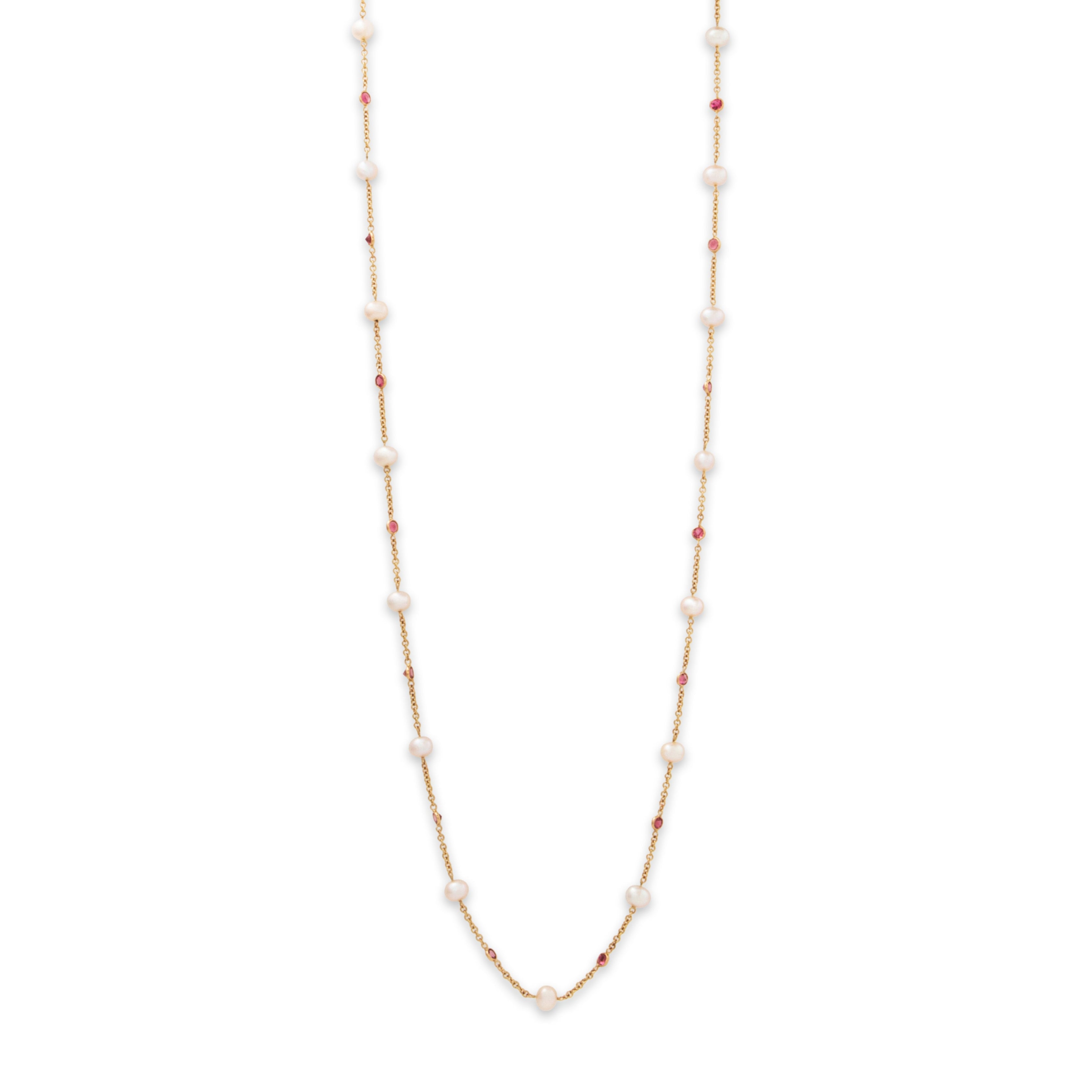 Vintage Italian 14k Yellow Gold Pearl 3cttw Pink Garnet Station Necklace 31、mySite、hinf8tx79