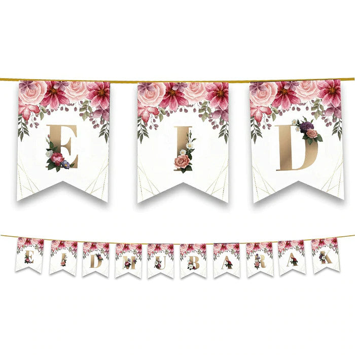 Eid Mubarak Bunting - Pink Floral Letter Flags Decoration、mySite、topwebapps