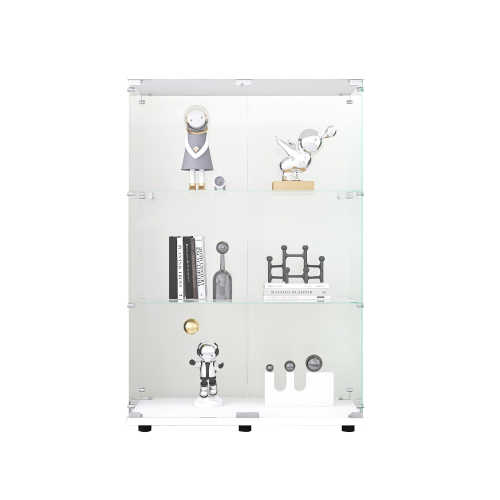 Two-door Glass Display Cabinet 3 Shelves with Door, Floor Standing Curio Bookshelf for Living Room Bedroom Office, 49.3"*31.7"*14.3", White、、casual