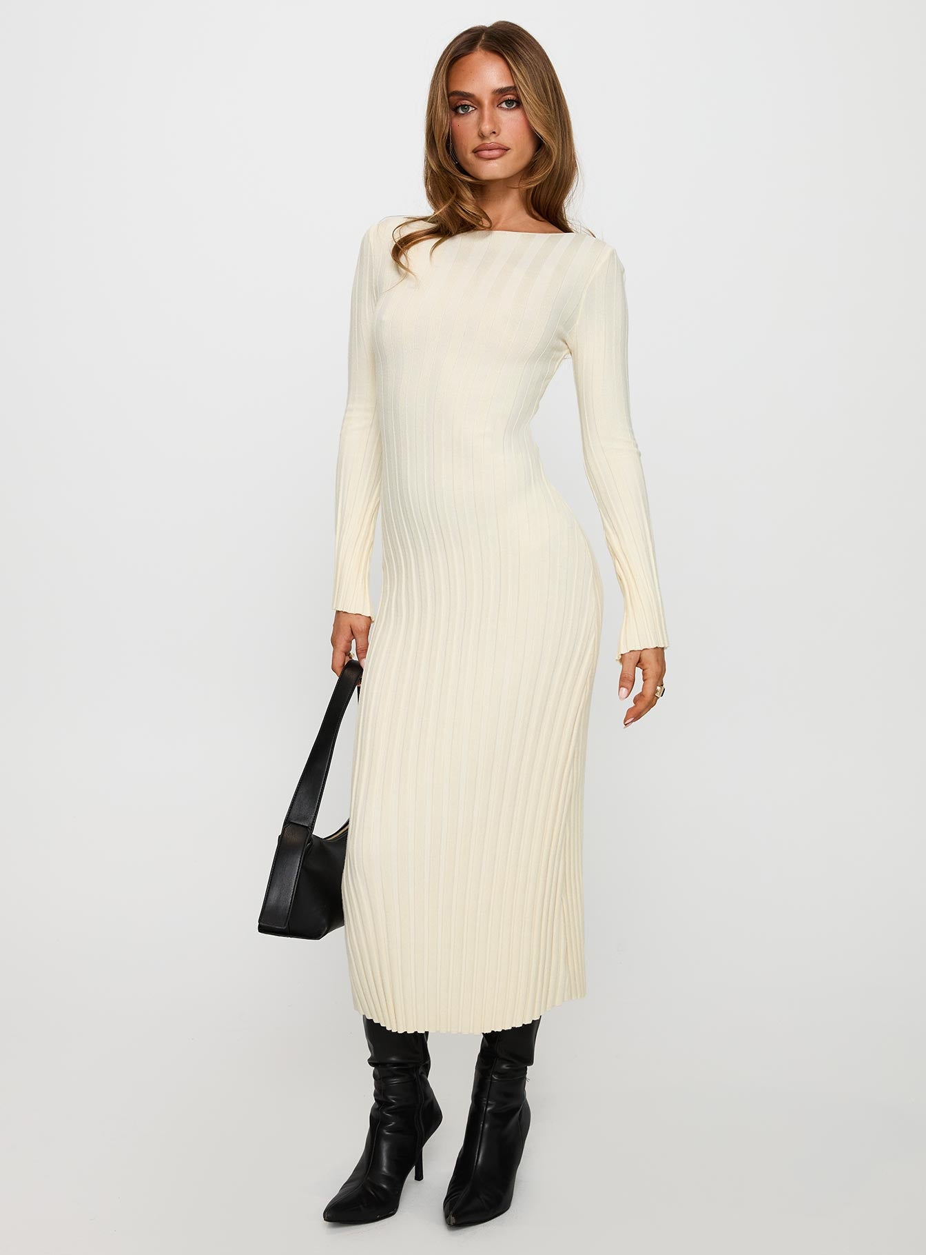Ryo Long Sleeve Rib Maxi Dress Cream、mySite、solidvoid