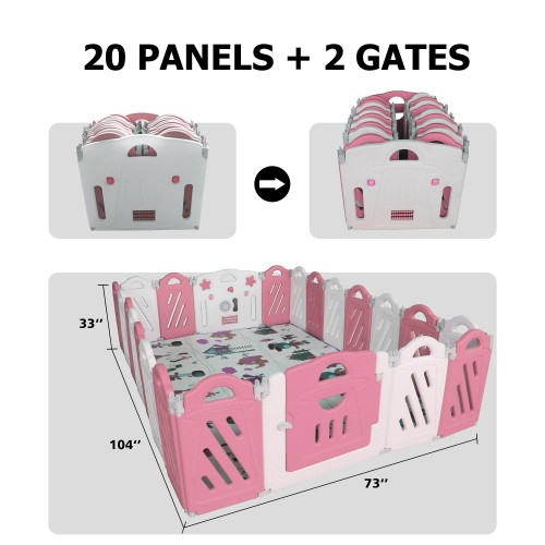 16+2 Panel Baby Playpen, Foldable Playard for Baby and Kids, Adjustable Shape Play Fence with Safety Lock Gate (Pink+White,16+2 Panel)、、casual