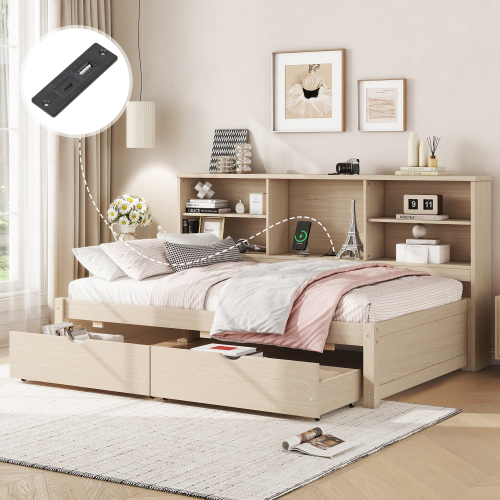Twin Size Bed Frame With Side Bookshelves, Two Drawers, And Built-in USB Port For Natural Color、、xpatfood