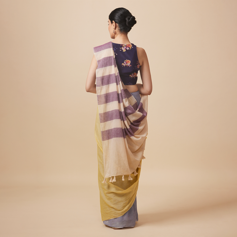 Cotton Solid Saree with Blouse | Yellow & Blue、mySite、camillekostekn