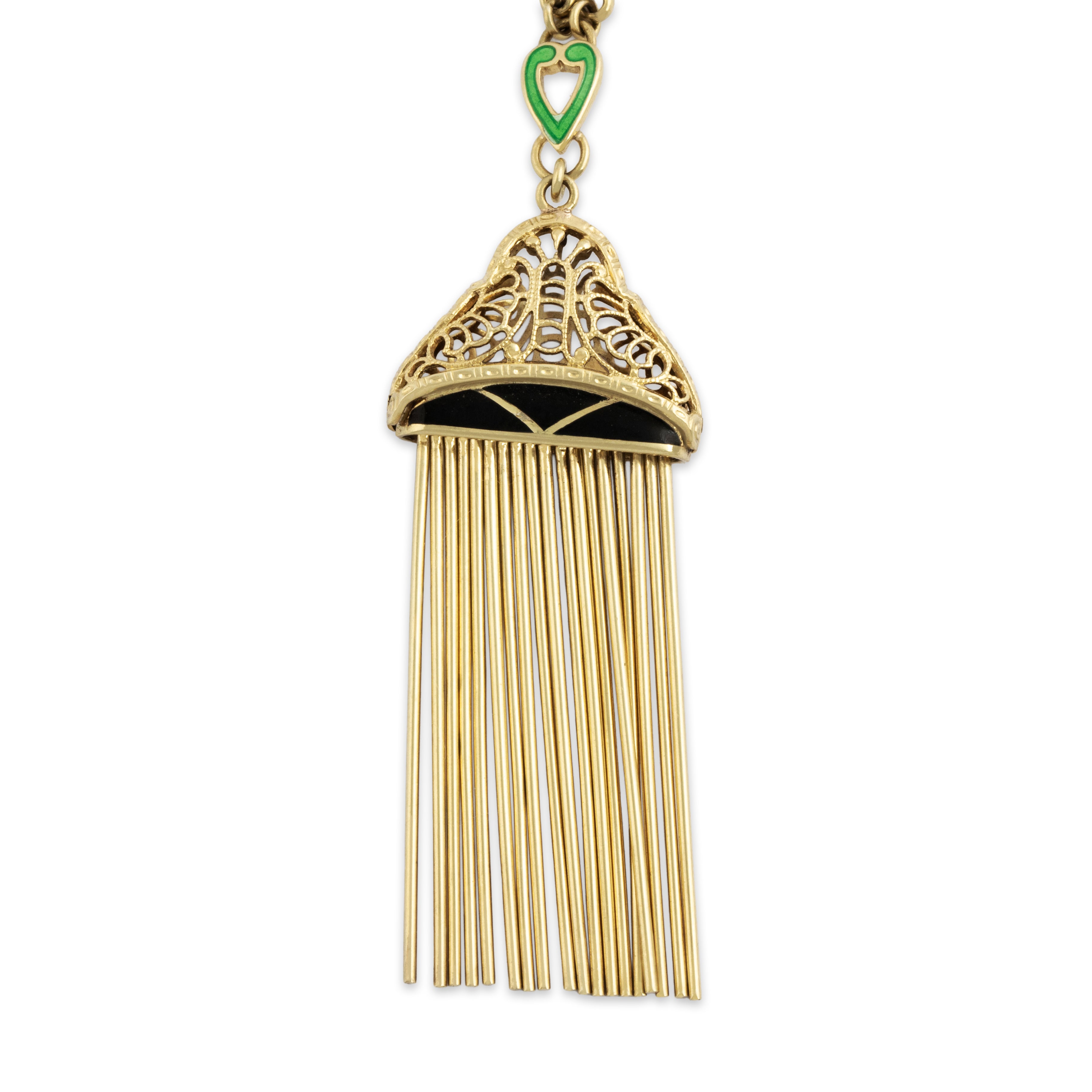 Antique Art Deco 14k Yellow Gold Black & Green Enamel Fringe Necklace 15.5、mySite、hinf8tx79