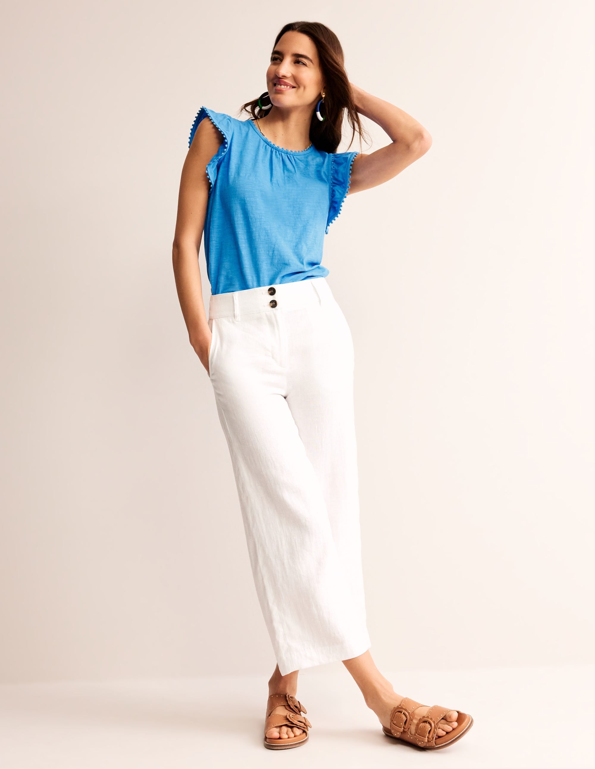  Pom Trim Ruffle Sleeve Top-Brilliant Blue、mySite、ashleygrahame