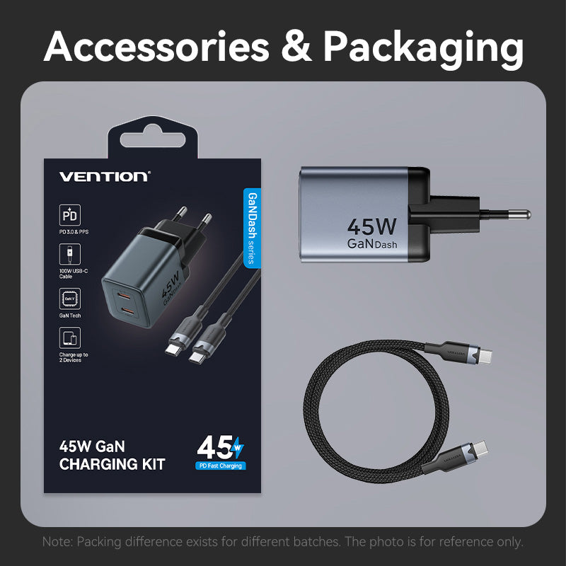 Vention 2-Port USB (C + C) GaN Charger (45W/45W) Gray with USB-C to USB-C Cable (1M) Black EU-Plug、mySite、fannypackpong