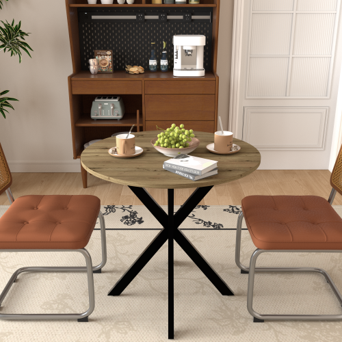 31.5 Inch Round Dining Table, Small Circle Kitchen Table with Metal Black Legs for 2-4 people,Modern Dining Room Table, Brown (only table)、、casual