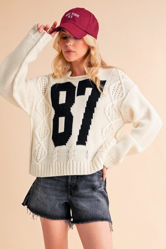 Aemi+Co Contrast 87 Number Cable Knit Drop Shoulder Sweater、mySite、camillekostekn