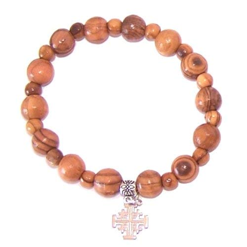  Elastic Olive wood religious bracelet with Silver tone Jerusalem Cross packed as a gift with Certificate、mySite、elrpsem3k