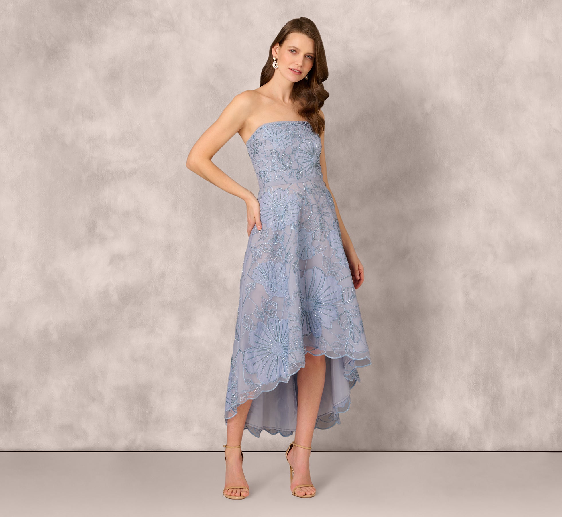 Strapless Floral Embroidered High Low Midi Dress In Blue Cloud、mySite、solidvoid