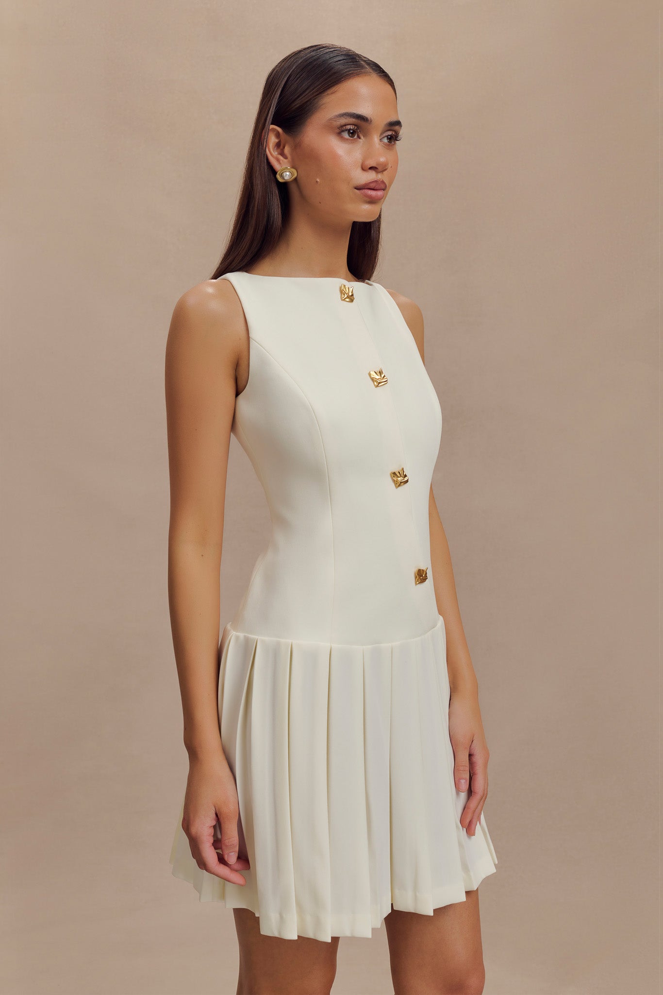 Mackenzie Sleeveless Pleated Mini Dress - Ivory、mySite、solidvoid
