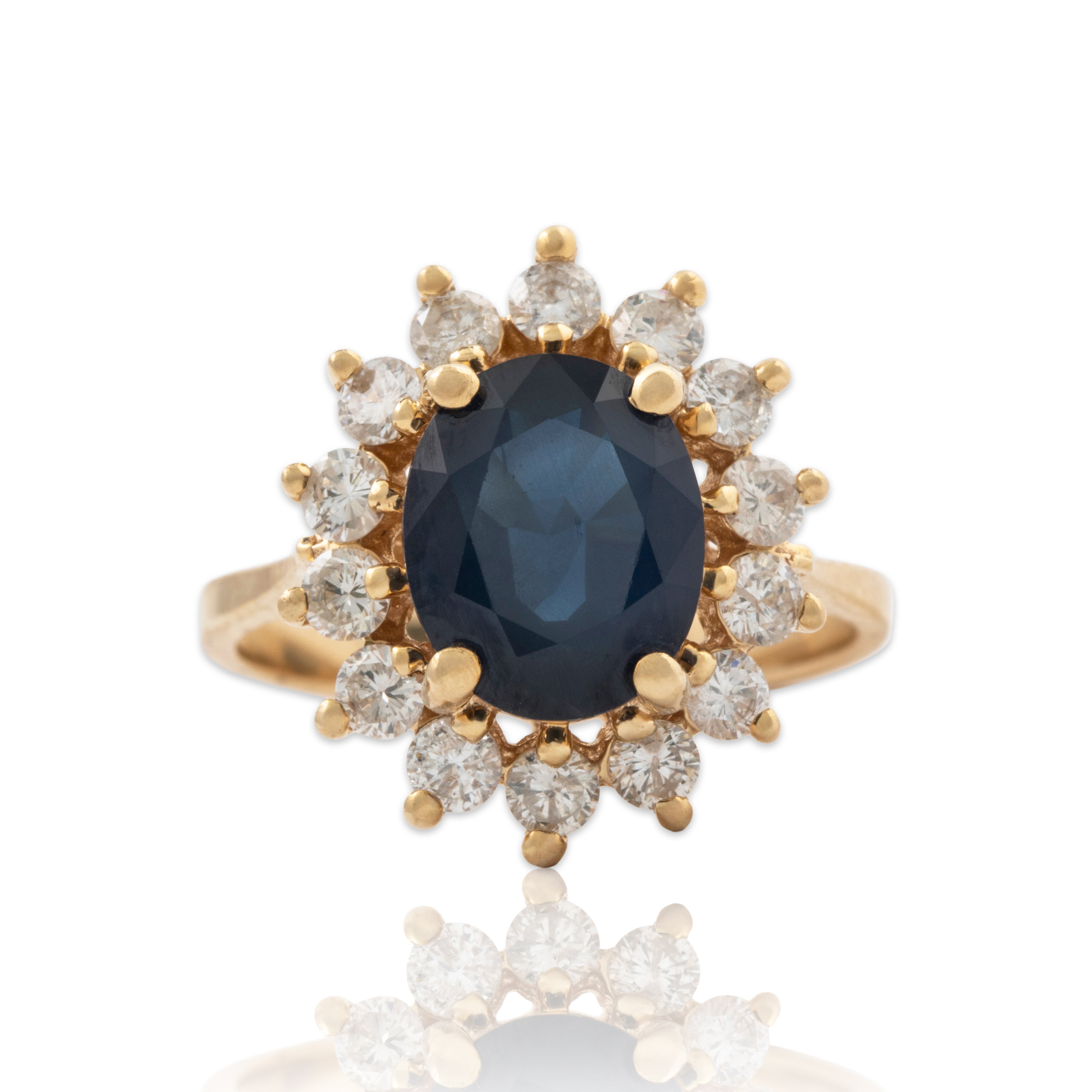 Vintage 14k Yellow Gold 3.12ct Blue Sapphire 1cttw Diamond Halo Ring 6.50、mySite、hinf8tx79