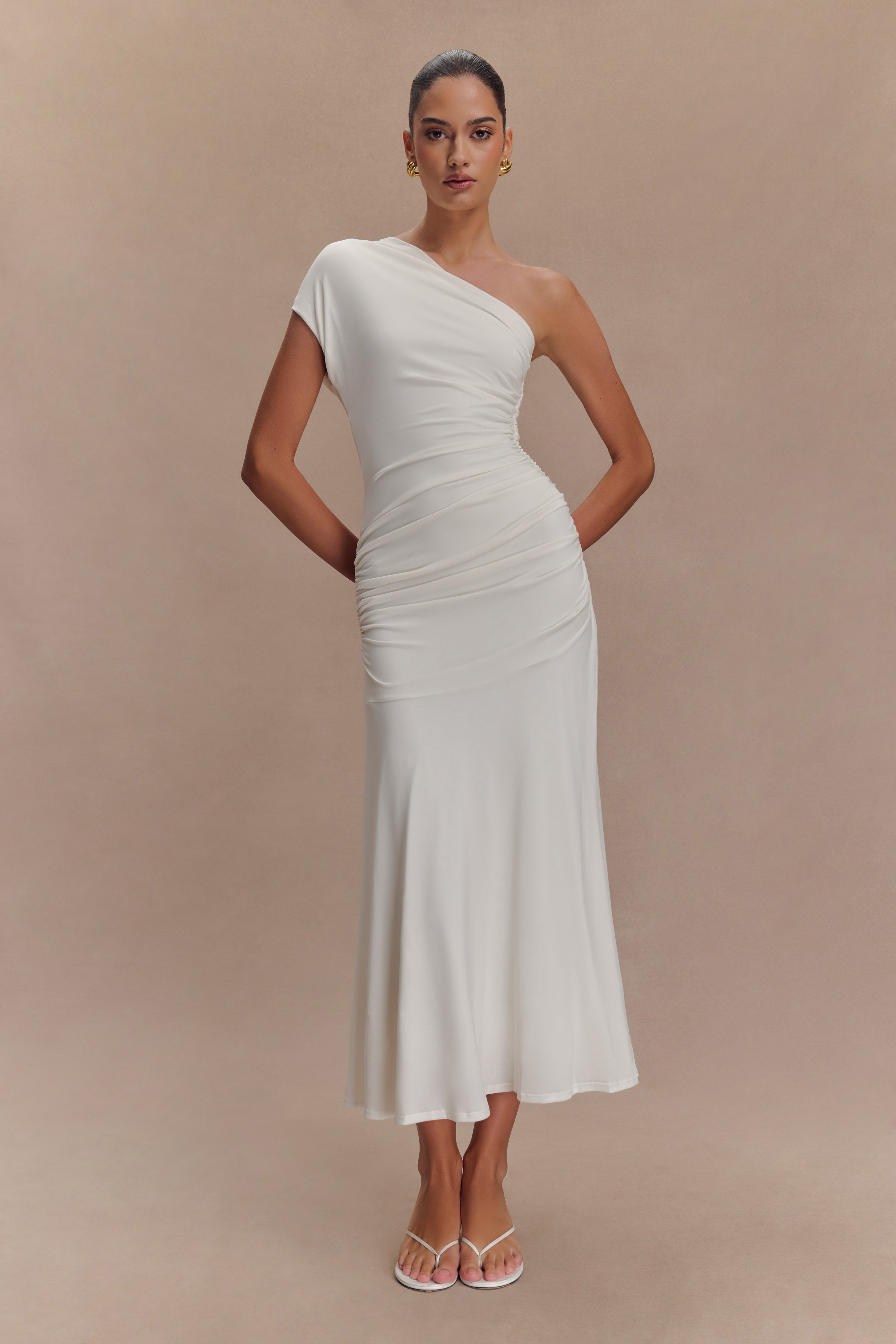 Chloe Peached Jersey One Shoulder Midi Dress - Ivory、mySite、solidvoid