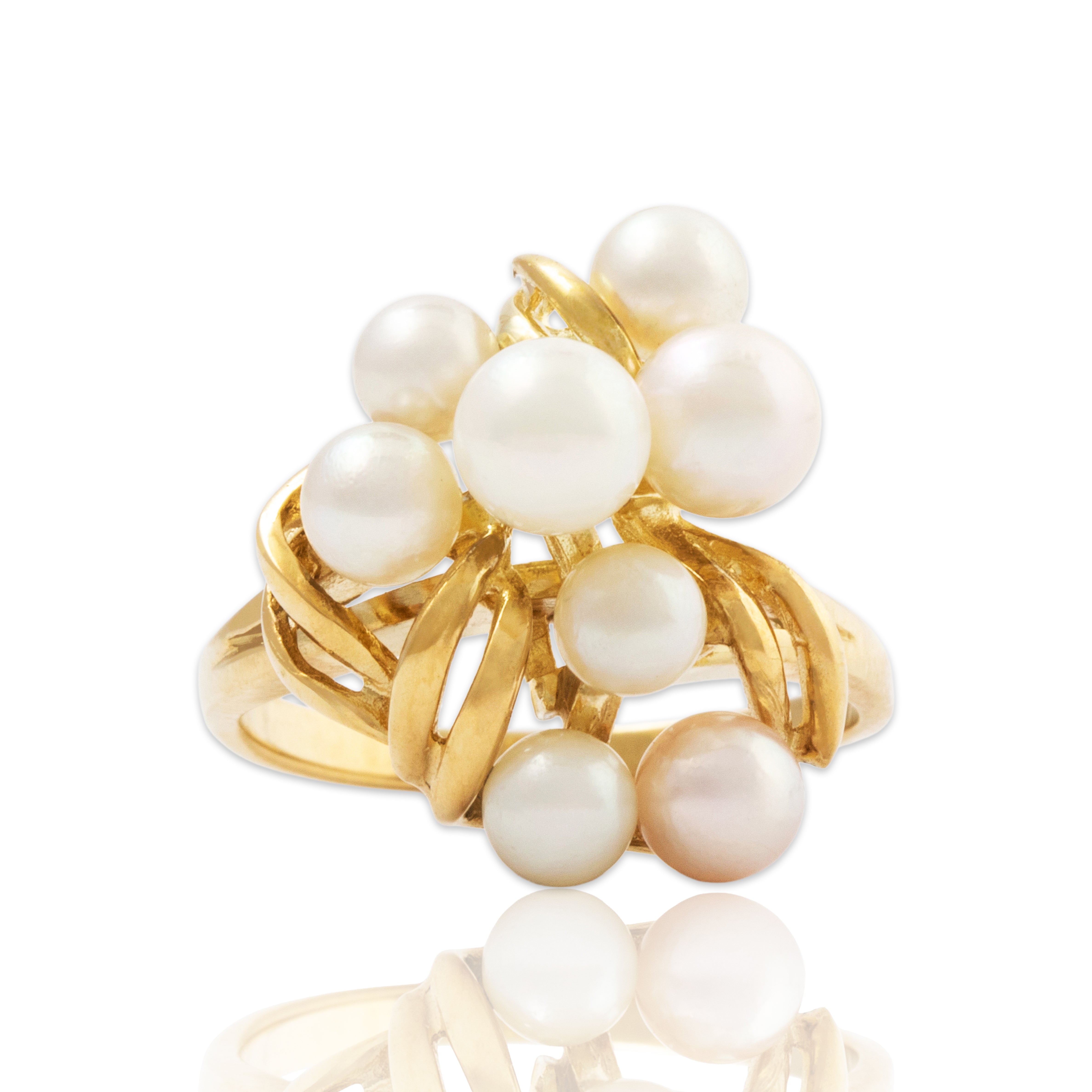 Vintage 14k Yellow Gold Pearl Cluster Cocktail Ring 6.25、mySite、hinf8tx79