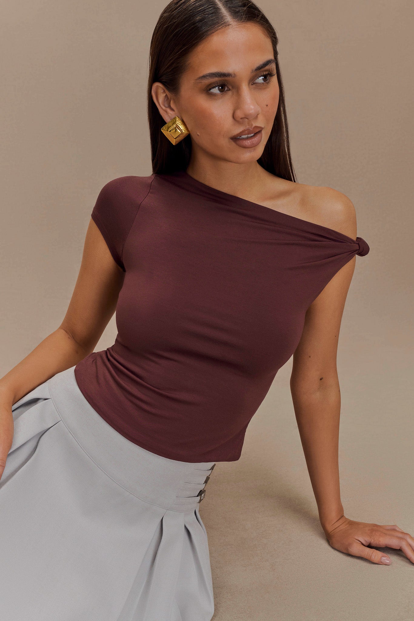 Betty Short Sleeve Modal Top With Knot Shoulder - Mahogany、mySite、solidvoid