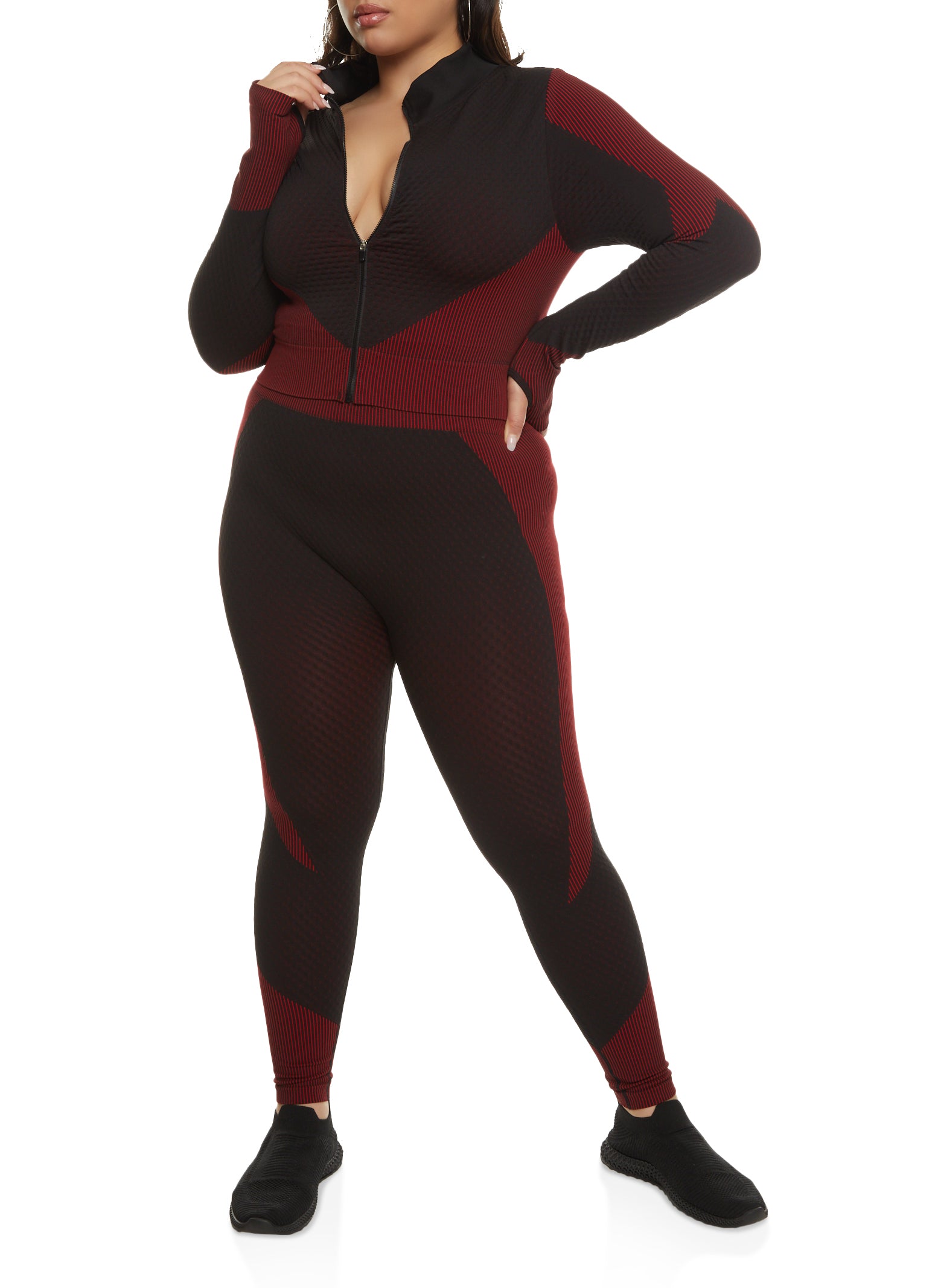 Plus Size Daisy Seamless Textured Knit Zip Front Track Jacket、mySite、camillekostekn