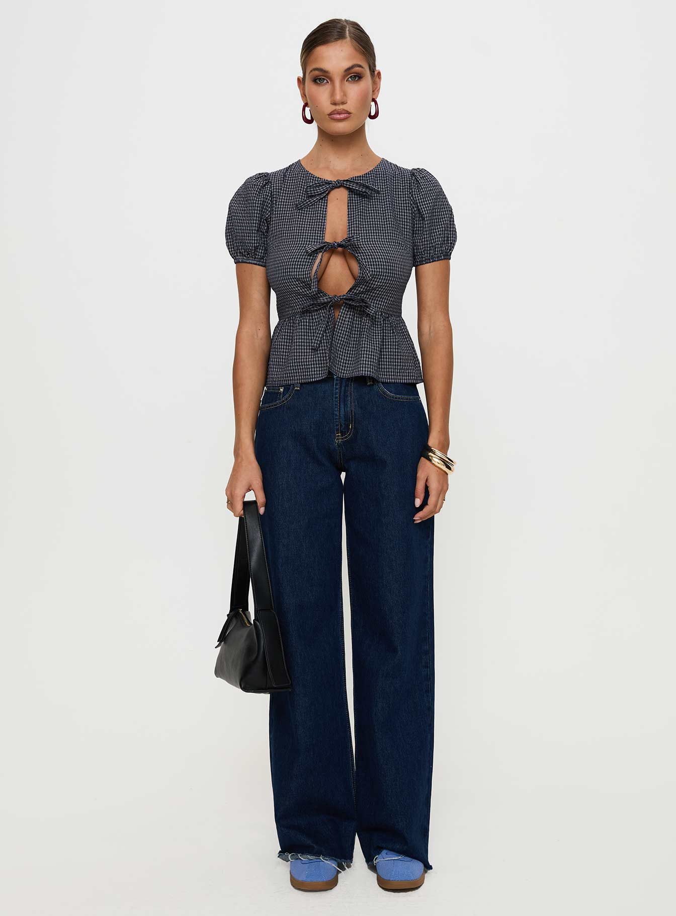 Verah Tie Up Puff Sleeve Top Navy Check、mySite、solidvoid