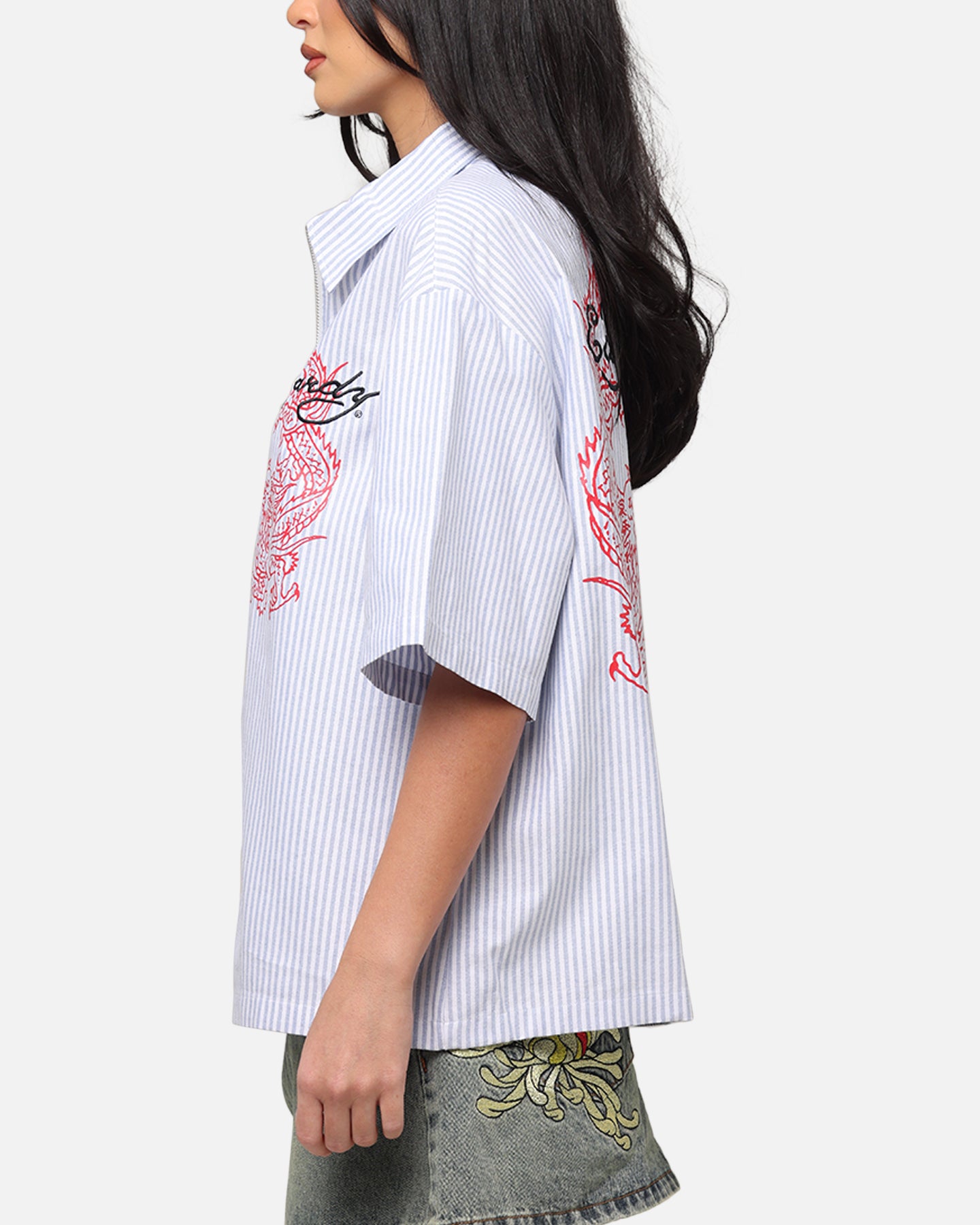 Ed Hardy Dragon Zip Shirt Blue Pin Stripe、mySite、zt4zffjzw