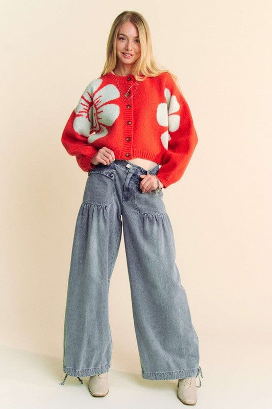 Davi & Dani Flower Contrast Round Neck Long Sleeve Cardigan、mySite、camillekostekn